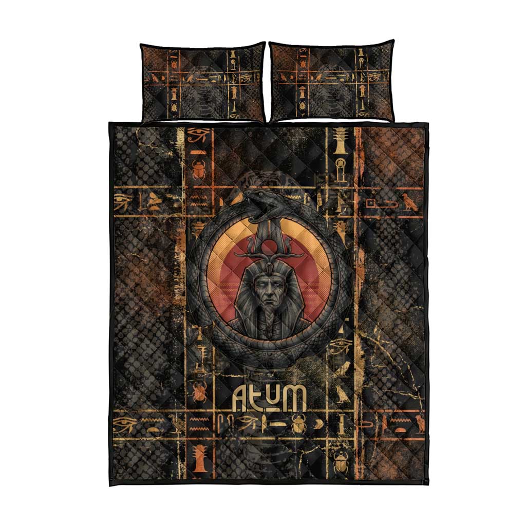 Atum Ancient Egyptian Quilt Bed Set with Dark Hieroglyph Grid, Ouroboros Serpent Ring and The Final Serpent - Wonder Print Shop