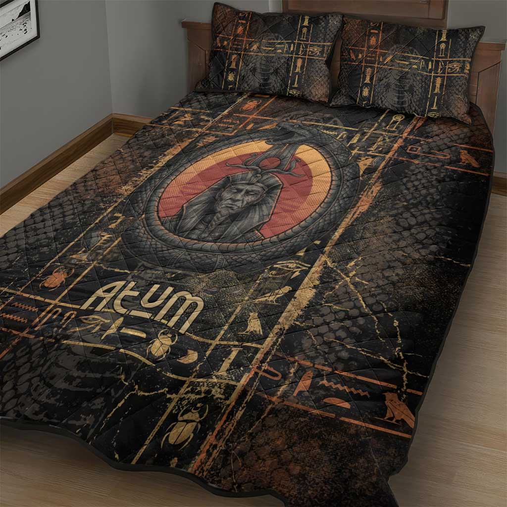 Atum Ancient Egyptian Quilt Bed Set with Dark Hieroglyph Grid, Ouroboros Serpent Ring and The Final Serpent - Wonder Print Shop