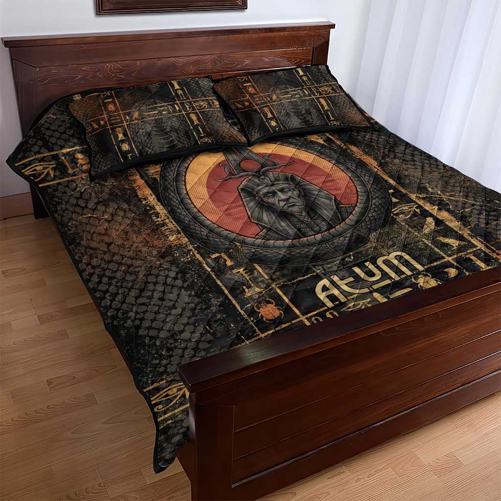 Atum Ancient Egyptian Quilt Bed Set with Dark Hieroglyph Grid, Ouroboros Serpent Ring and The Final Serpent - Wonder Print Shop