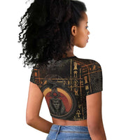 Atum Ancient Egyptian Raglan Cropped T shirt with Dark Hieroglyph Grid, Ouroboros Serpent Ring and The Final Serpent - Wonder Print Shop