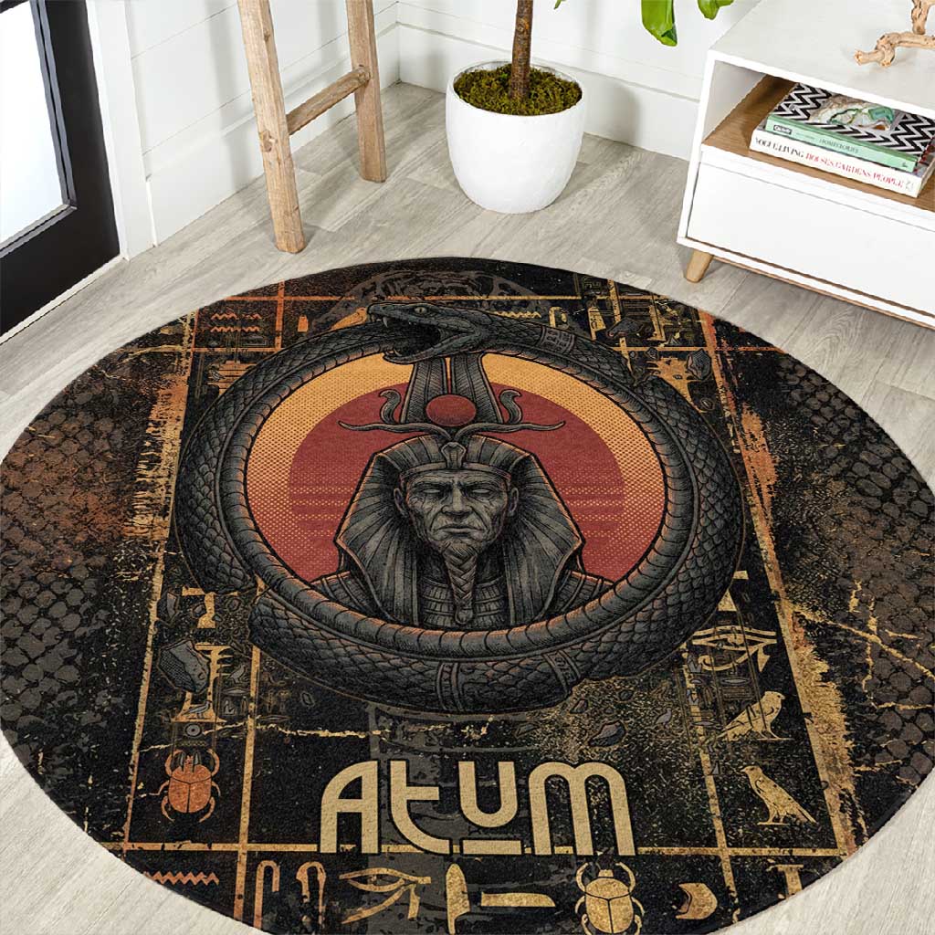 Atum Ancient Egyptian Round Carpet with Dark Hieroglyph Grid, Ouroboros Serpent Ring and The Final Serpent - Wonder Print Shop