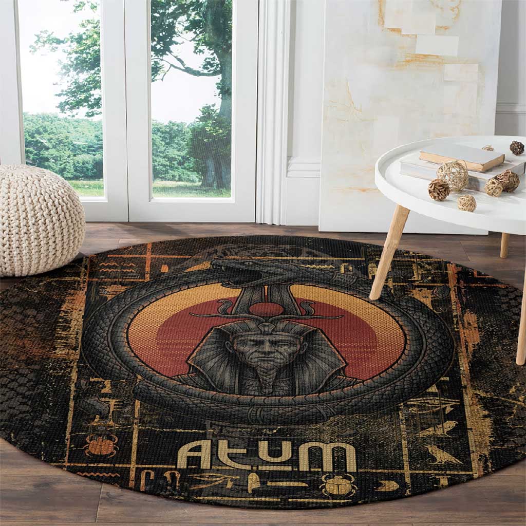 Atum Ancient Egyptian Round Carpet with Dark Hieroglyph Grid, Ouroboros Serpent Ring and The Final Serpent - Wonder Print Shop