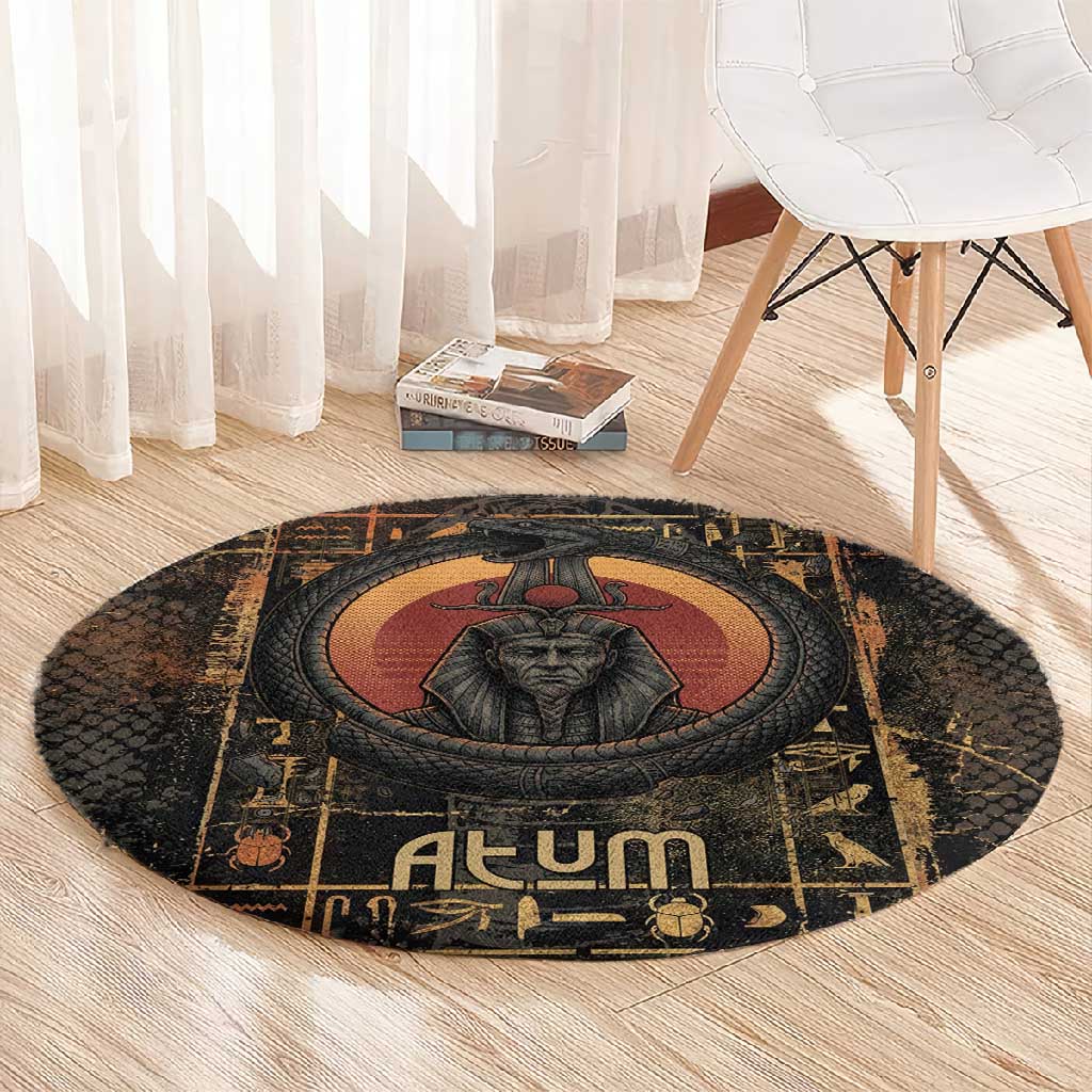 Atum Ancient Egyptian Round Carpet with Dark Hieroglyph Grid, Ouroboros Serpent Ring and The Final Serpent - Wonder Print Shop