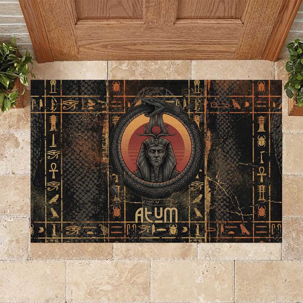 Atum Ancient Egyptian Rubber Doormat with Dark Hieroglyph Grid, Ouroboros Serpent Ring and The Final Serpent - Wonder Print Shop