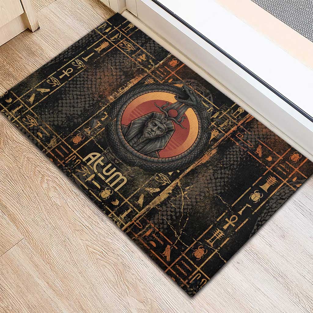 Atum Ancient Egyptian Rubber Doormat with Dark Hieroglyph Grid, Ouroboros Serpent Ring and The Final Serpent - Wonder Print Shop