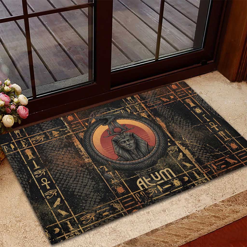 Atum Ancient Egyptian Rubber Doormat with Dark Hieroglyph Grid, Ouroboros Serpent Ring and The Final Serpent - Wonder Print Shop