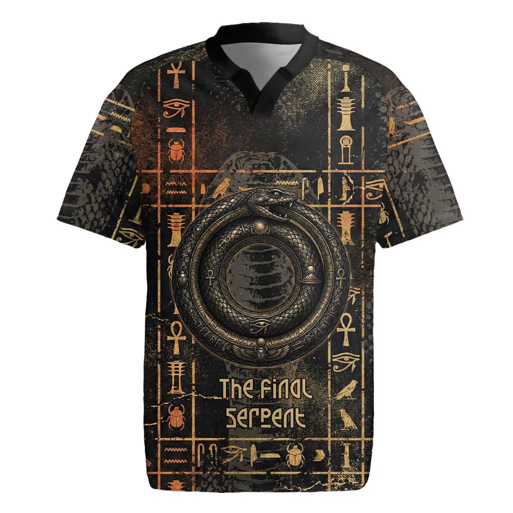 Atum Ancient Egyptian Rugby Jersey with Dark Hieroglyph Grid, Ouroboros Serpent Ring and The Final Serpent - Wonder Print Shop