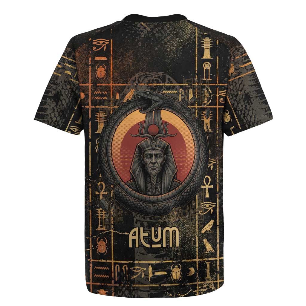 Atum Ancient Egyptian Rugby Jersey with Dark Hieroglyph Grid, Ouroboros Serpent Ring and The Final Serpent - Wonder Print Shop