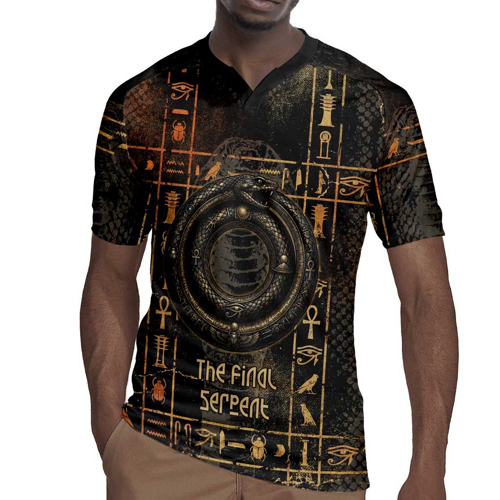 Atum Ancient Egyptian Rugby Jersey with Dark Hieroglyph Grid, Ouroboros Serpent Ring and The Final Serpent - Wonder Print Shop