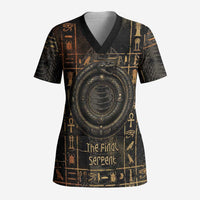 Atum Ancient Egyptian Scrub Top with Dark Hieroglyph Grid, Ouroboros Serpent Ring and The Final Serpent - Wonder Print Shop