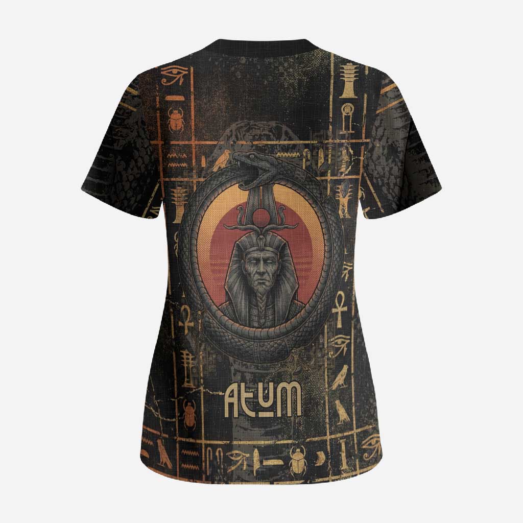 Atum Ancient Egyptian Scrub Top with Dark Hieroglyph Grid, Ouroboros Serpent Ring and The Final Serpent - Wonder Print Shop