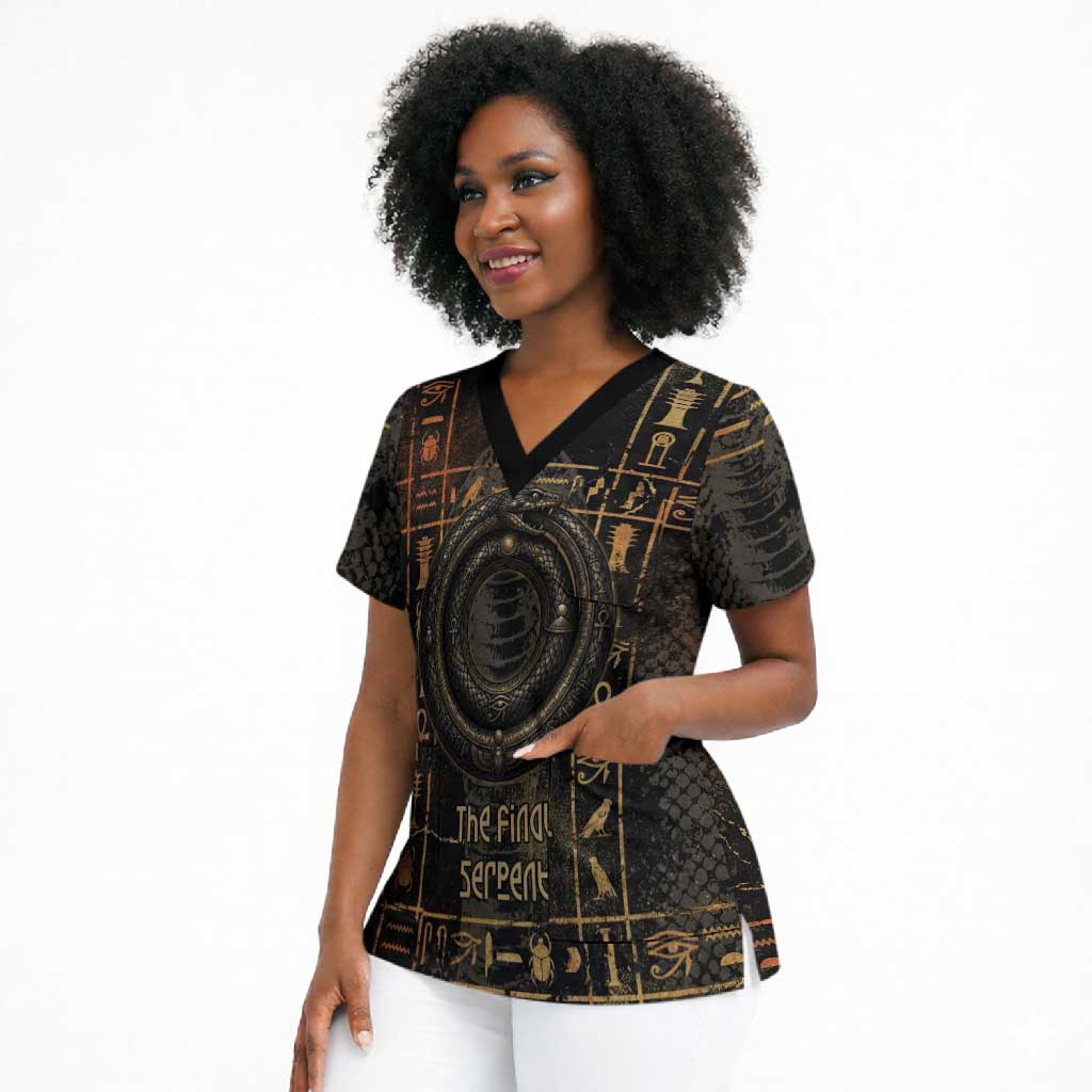Atum Ancient Egyptian Scrub Top with Dark Hieroglyph Grid, Ouroboros Serpent Ring and The Final Serpent - Wonder Print Shop