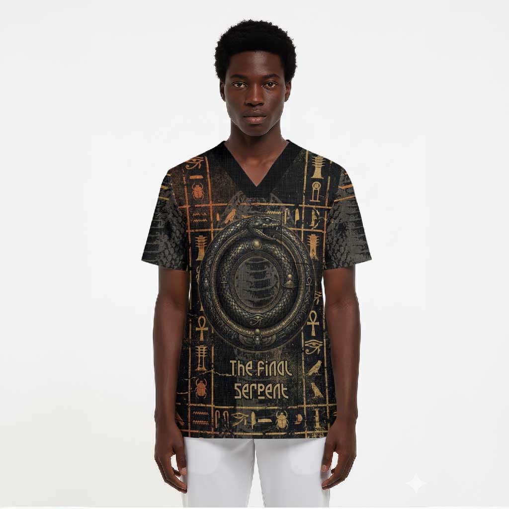 Atum Ancient Egyptian Scrub Top with Dark Hieroglyph Grid, Ouroboros Serpent Ring and The Final Serpent - Wonder Print Shop