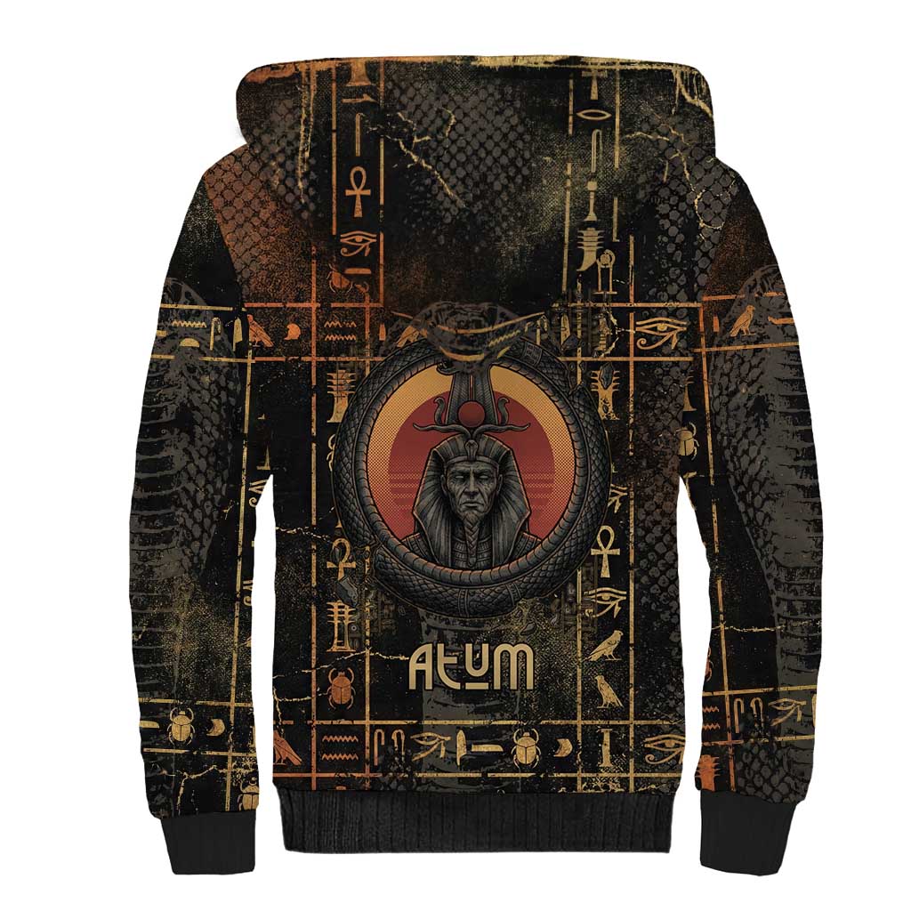 Atum Ancient Egyptian Sherpa Hoodie with Dark Hieroglyph Grid, Ouroboros Serpent Ring and The Final Serpent - Wonder Print Shop