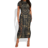 Atum Ancient Egyptian Short Sleeve Bodycon Dress with Dark Hieroglyph Grid, Ouroboros Serpent Ring and The Final Serpent - Wonder Print Shop
