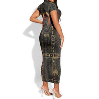 Atum Ancient Egyptian Short Sleeve Bodycon Dress with Dark Hieroglyph Grid, Ouroboros Serpent Ring and The Final Serpent - Wonder Print Shop