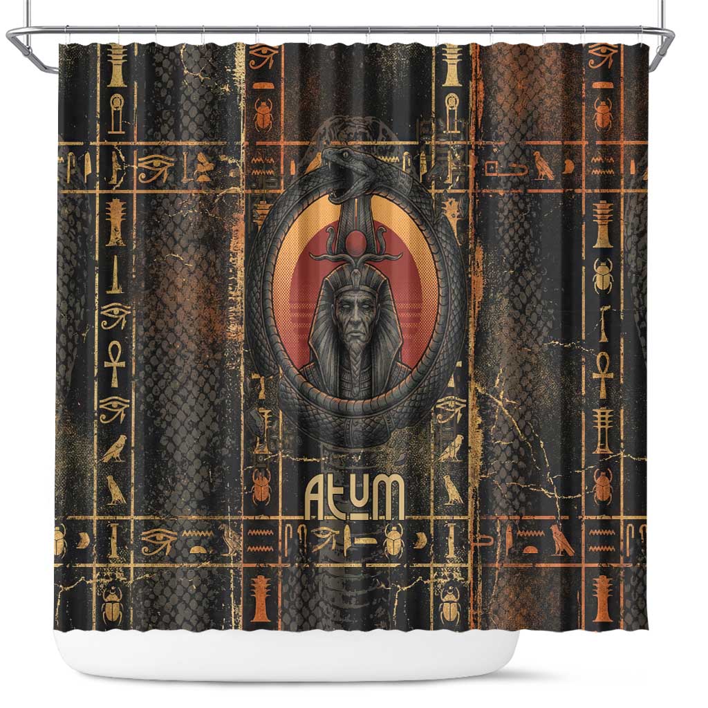 Atum Ancient Egyptian Shower Curtain with Dark Hieroglyph Grid, Ouroboros Serpent Ring and The Final Serpent - Wonder Print Shop