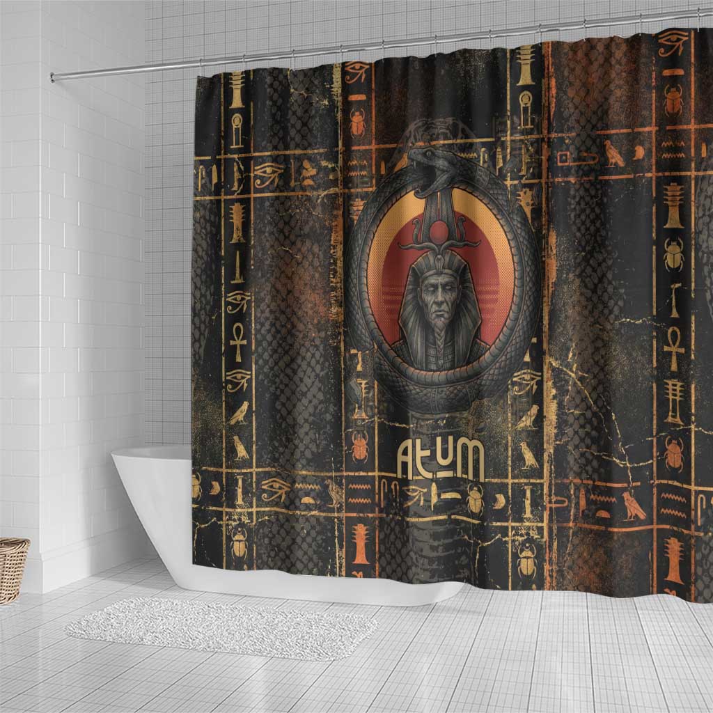 Atum Ancient Egyptian Shower Curtain with Dark Hieroglyph Grid, Ouroboros Serpent Ring and The Final Serpent - Wonder Print Shop