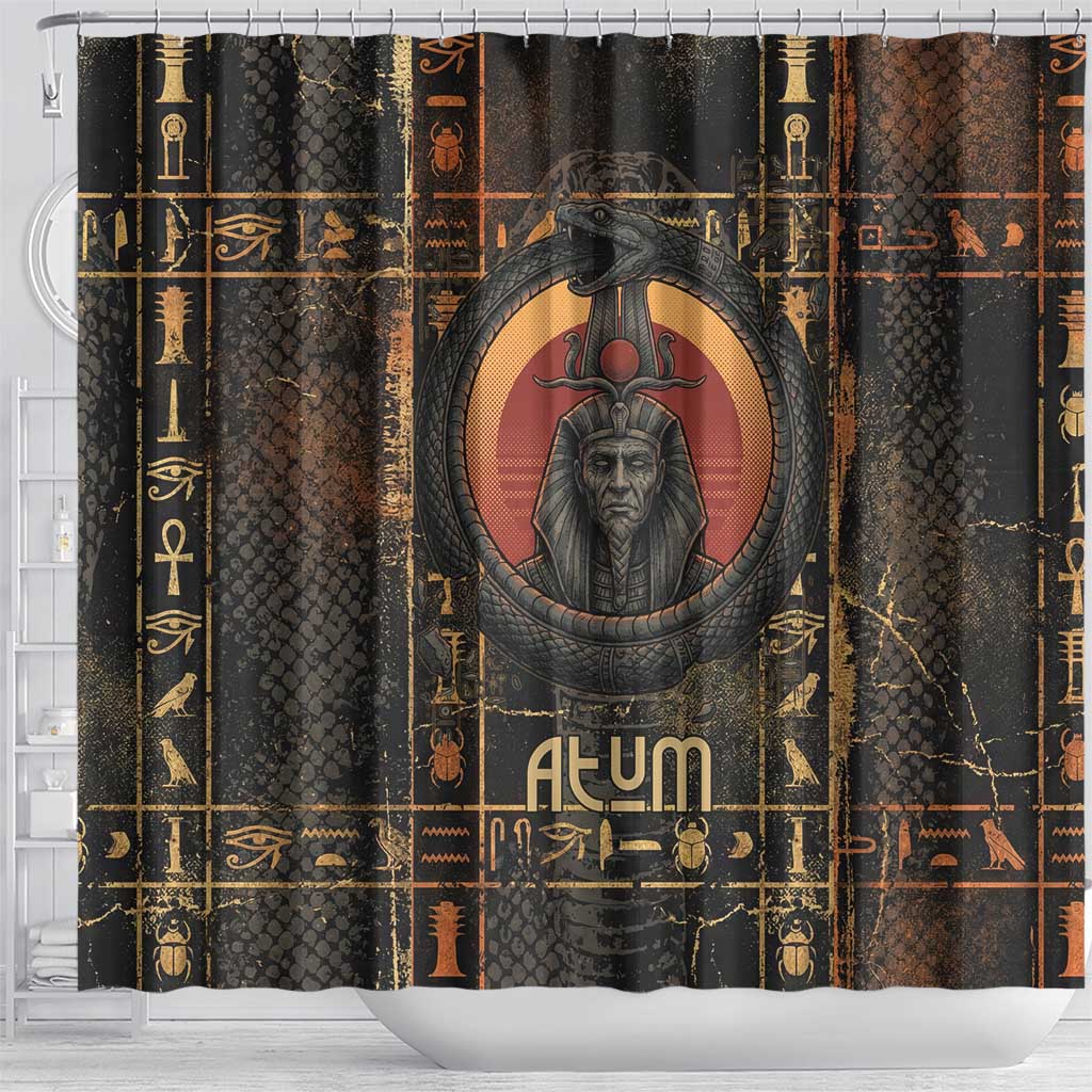 Atum Ancient Egyptian Shower Curtain with Dark Hieroglyph Grid, Ouroboros Serpent Ring and The Final Serpent - Wonder Print Shop