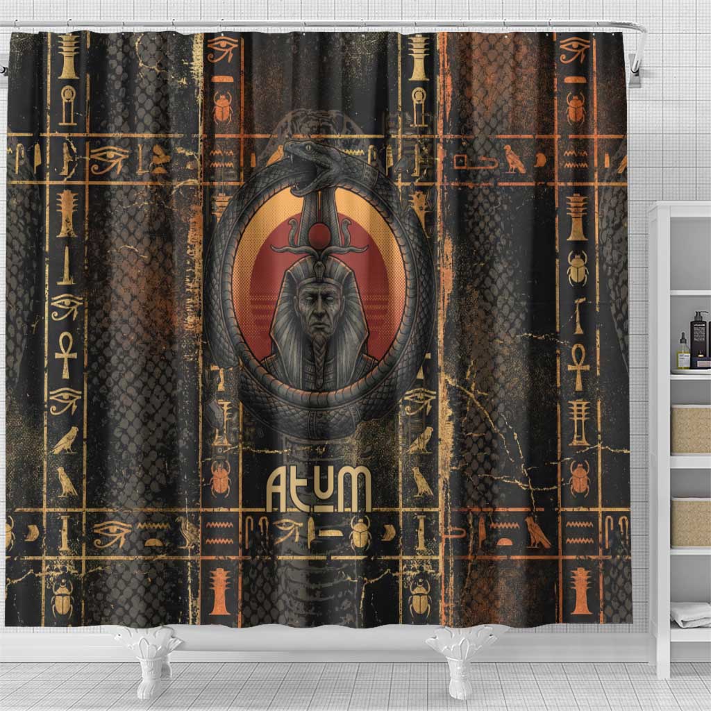 Atum Ancient Egyptian Shower Curtain with Dark Hieroglyph Grid, Ouroboros Serpent Ring and The Final Serpent - Wonder Print Shop