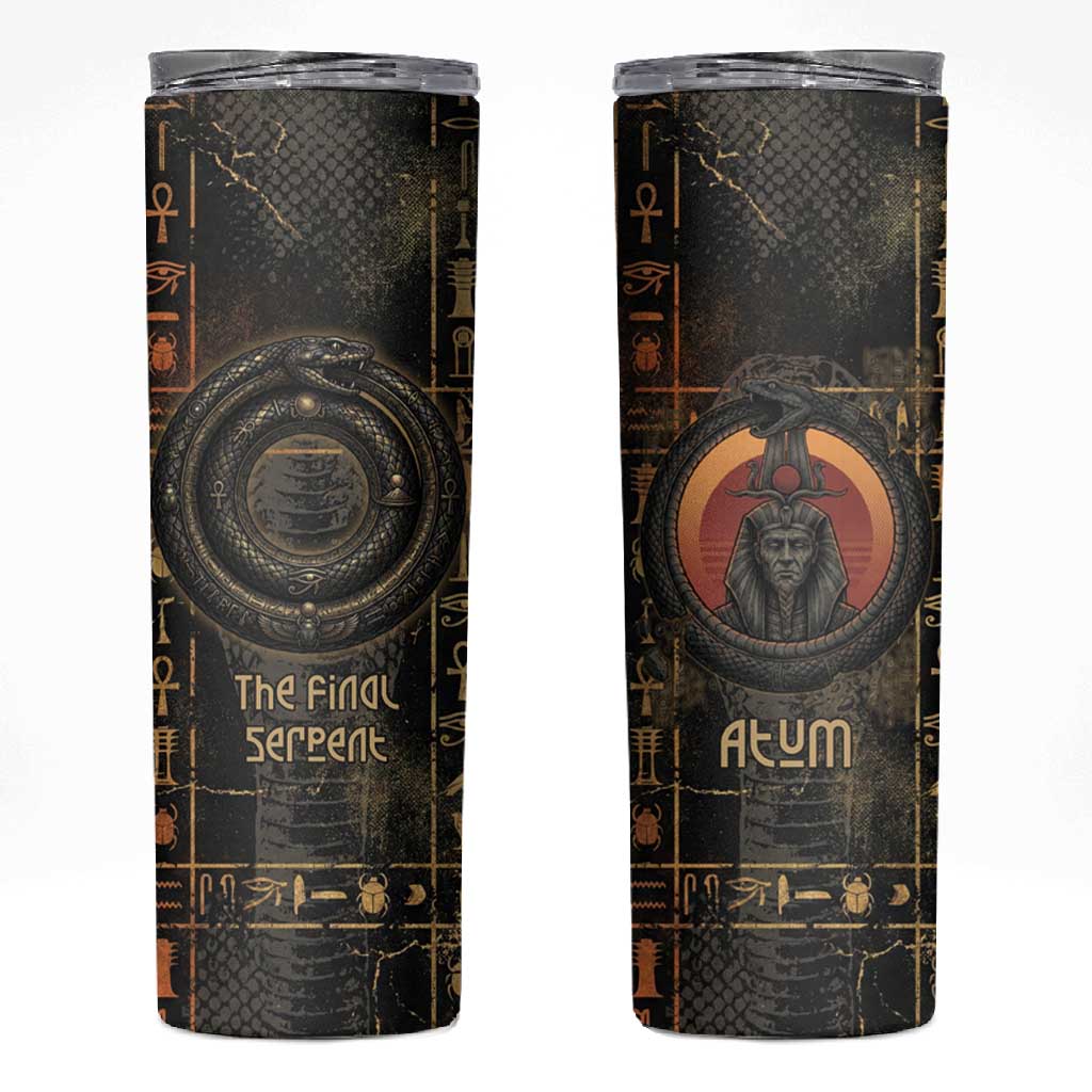 Atum Ancient Egyptian Skinny Tumbler with Dark Hieroglyph Grid, Ouroboros Serpent Ring and The Final Serpent - Wonder Print Shop