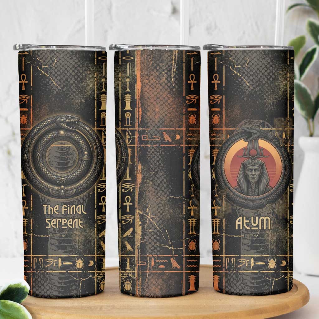 Atum Ancient Egyptian Skinny Tumbler with Dark Hieroglyph Grid, Ouroboros Serpent Ring and The Final Serpent - Wonder Print Shop