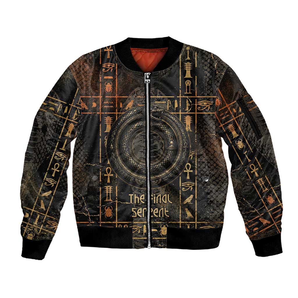 Atum Ancient Egyptian Sleeve Zip Bomber Jacket with Dark Hieroglyph Grid, Ouroboros Serpent Ring and The Final Serpent - Wonder Print Shop
