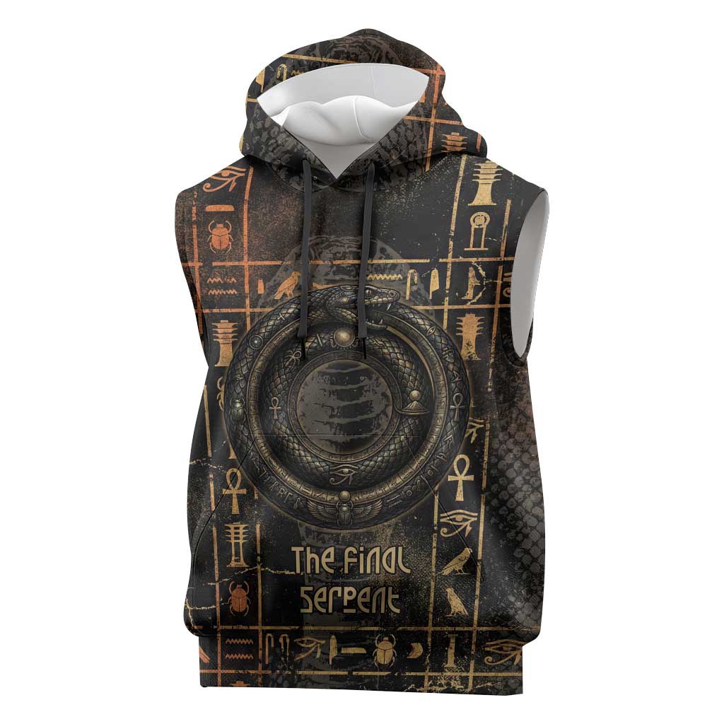 Atum Ancient Egyptian Sleeveless Hoodie with Dark Hieroglyph Grid, Ouroboros Serpent Ring and The Final Serpent - Wonder Print Shop