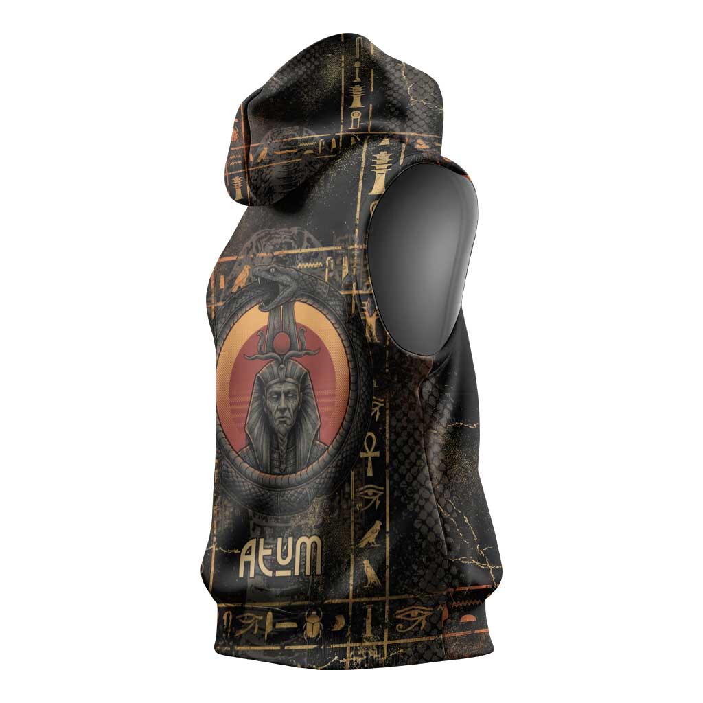 Atum Ancient Egyptian Sleeveless Hoodie with Dark Hieroglyph Grid, Ouroboros Serpent Ring and The Final Serpent - Wonder Print Shop