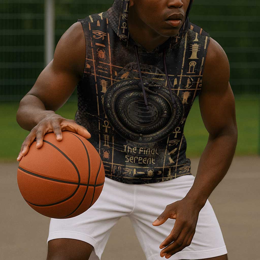 Atum Ancient Egyptian Sleeveless Hoodie with Dark Hieroglyph Grid, Ouroboros Serpent Ring and The Final Serpent - Wonder Print Shop