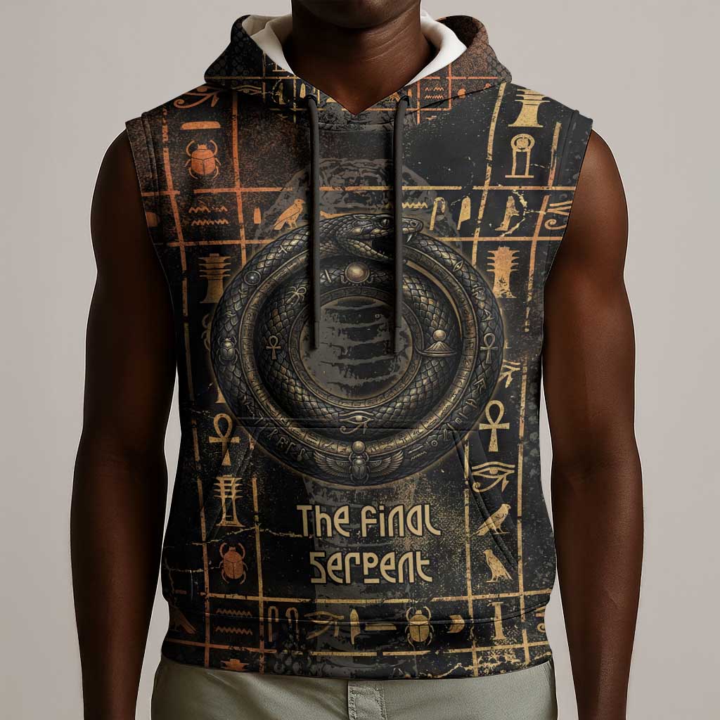 Atum Ancient Egyptian Sleeveless Hoodie with Dark Hieroglyph Grid, Ouroboros Serpent Ring and The Final Serpent - Wonder Print Shop