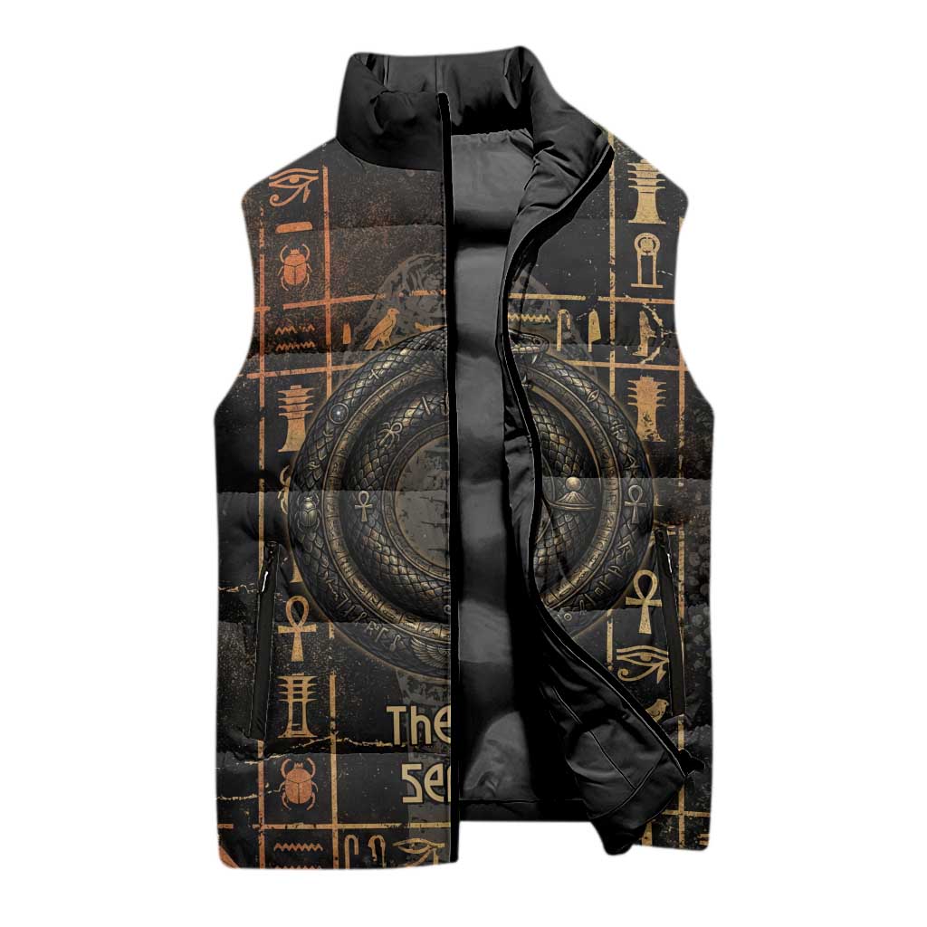 Atum Ancient Egyptian Sleeveless Puffer Jacket with Dark Hieroglyph Grid, Ouroboros Serpent Ring and The Final Serpent - Wonder Print Shop