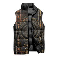 Atum Ancient Egyptian Sleeveless Puffer Jacket with Dark Hieroglyph Grid, Ouroboros Serpent Ring and The Final Serpent - Wonder Print Shop