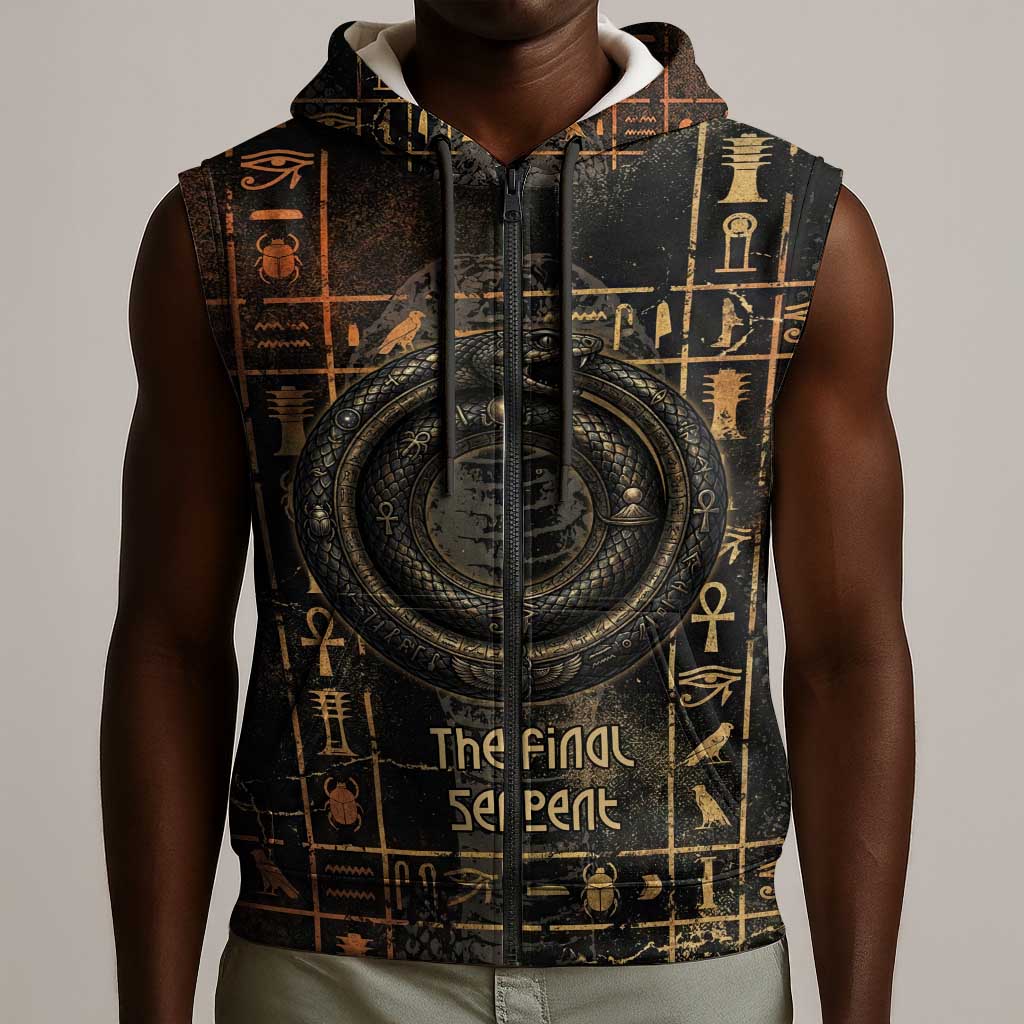 Atum Ancient Egyptian Sleeveless Zip Hoodie with Dark Hieroglyph Grid, Ouroboros Serpent Ring and The Final Serpent - Wonder Print Shop