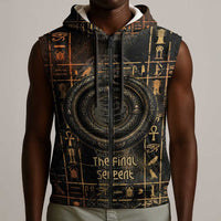 Atum Ancient Egyptian Sleeveless Zip Hoodie with Dark Hieroglyph Grid, Ouroboros Serpent Ring and The Final Serpent - Wonder Print Shop