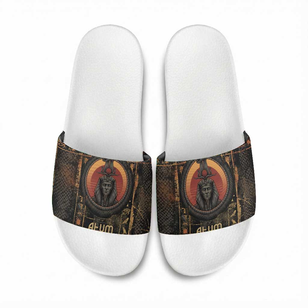 Atum Ancient Egyptian Slide Sandals with Dark Hieroglyph Grid, Ouroboros Serpent Ring and The Final Serpent - Wonder Print Shop