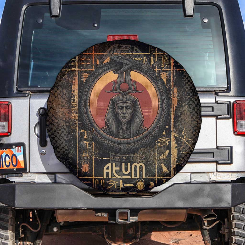 Atum Ancient Egyptian Spare Tire Cover with Dark Hieroglyph Grid, Ouroboros Serpent Ring and The Final Serpent - Wonder Print Shop