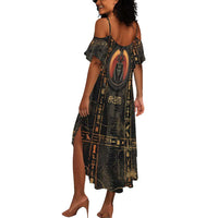 Atum Ancient Egyptian Summer Maxi Dress with Dark Hieroglyph Grid, Ouroboros Serpent Ring and The Final Serpent - Wonder Print Shop