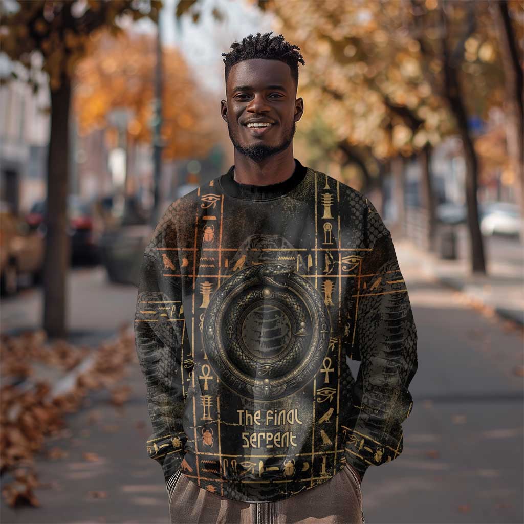 Atum Ancient Egyptian Sweatshirt with Dark Hieroglyph Grid, Ouroboros Serpent Ring and The Final Serpent - Wonder Print Shop