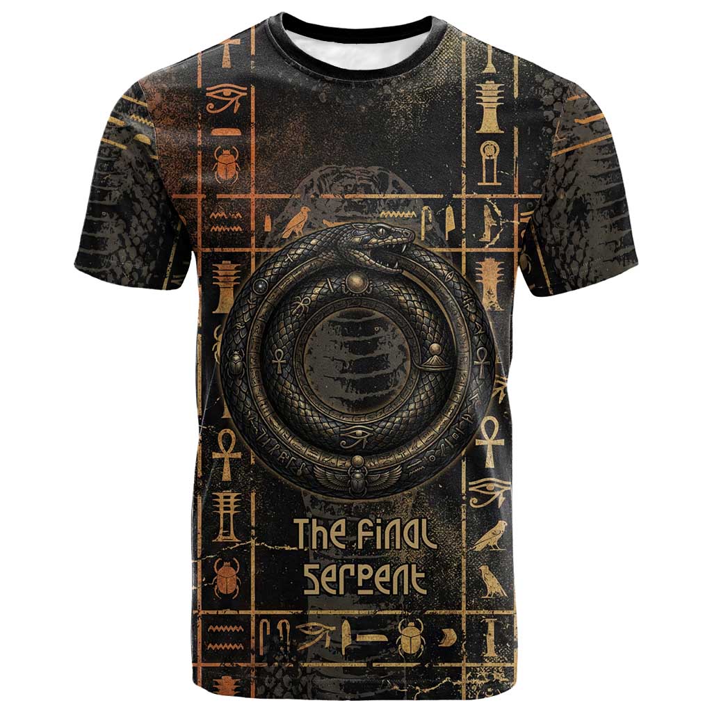 Atum Ancient Egyptian T shirt with Dark Hieroglyph Grid, Ouroboros Serpent Ring and The Final Serpent - Wonder Print Shop