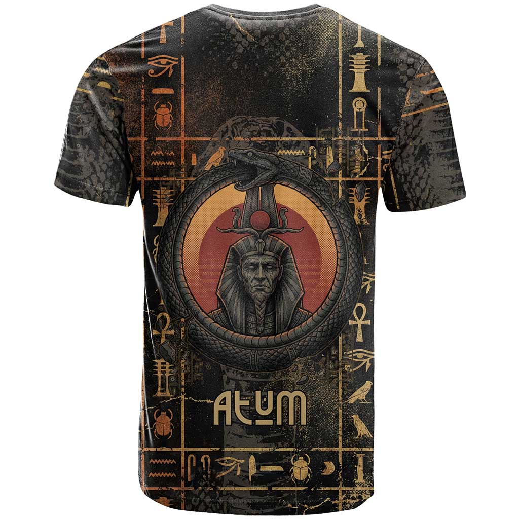 Atum Ancient Egyptian T shirt with Dark Hieroglyph Grid, Ouroboros Serpent Ring and The Final Serpent - Wonder Print Shop