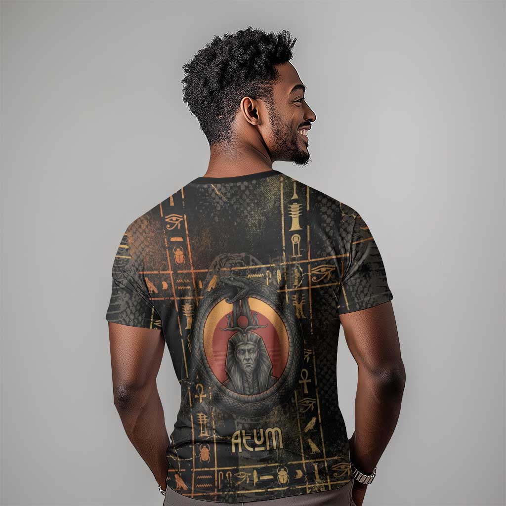 Atum Ancient Egyptian T shirt with Dark Hieroglyph Grid, Ouroboros Serpent Ring and The Final Serpent - Wonder Print Shop