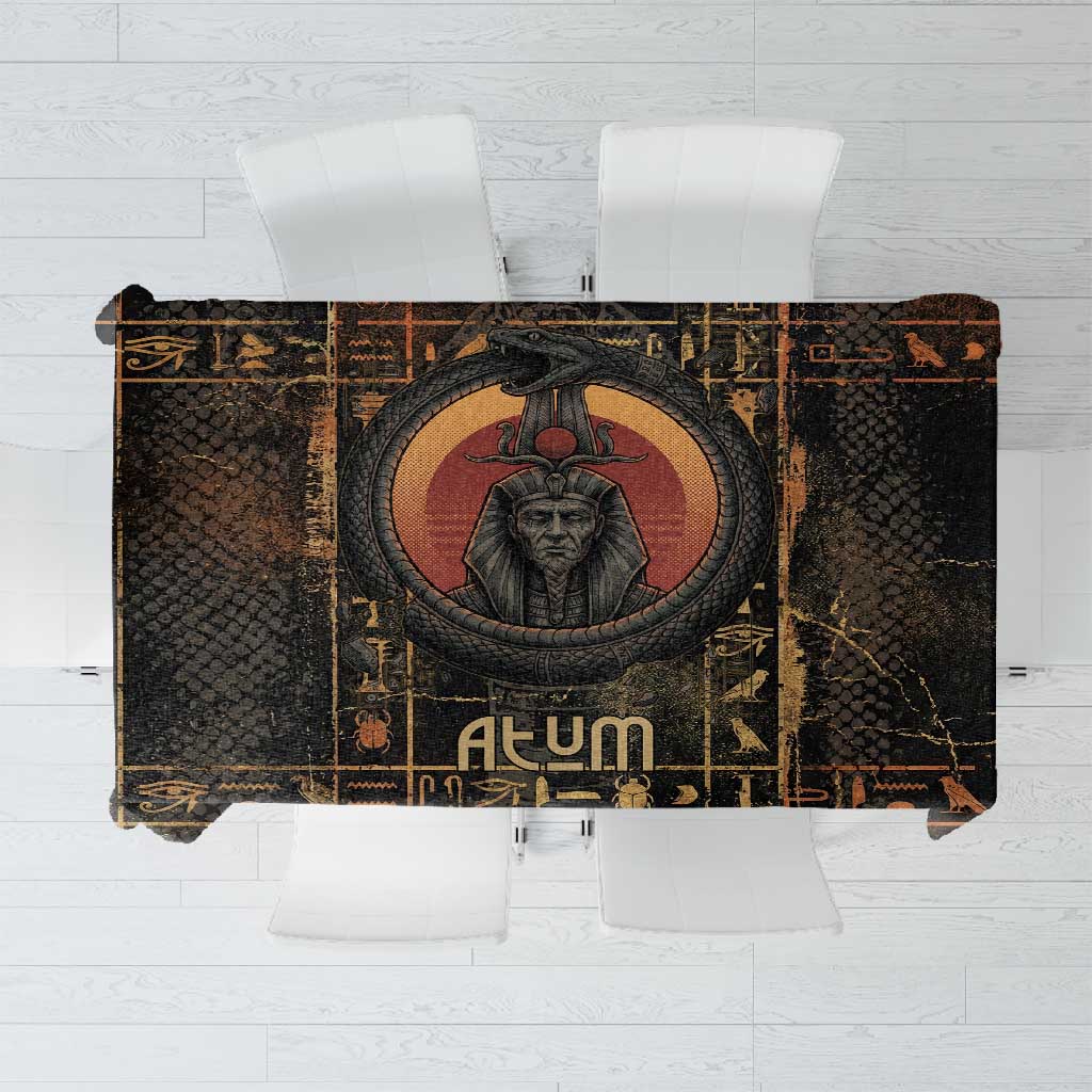 Atum Ancient Egyptian Tablecloth with Dark Hieroglyph Grid, Ouroboros Serpent Ring and The Final Serpent - Wonder Print Shop
