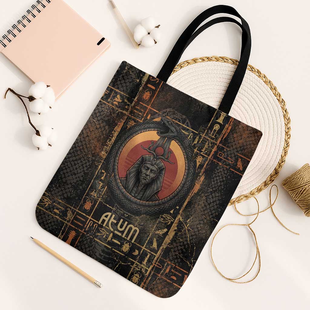 Atum Ancient Egyptian Tote Bag with Dark Hieroglyph Grid, Ouroboros Serpent Ring and The Final Serpent - Wonder Print Shop