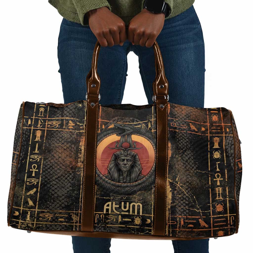 Atum Ancient Egyptian Travel Bag with Dark Hieroglyph Grid, Ouroboros Serpent Ring and The Final Serpent - Wonder Print Shop