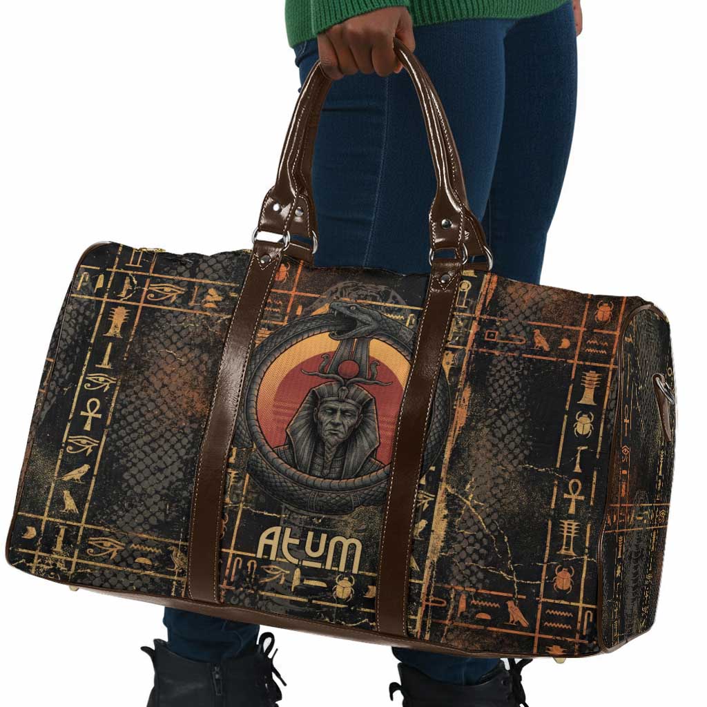 Atum Ancient Egyptian Travel Bag with Dark Hieroglyph Grid, Ouroboros Serpent Ring and The Final Serpent - Wonder Print Shop