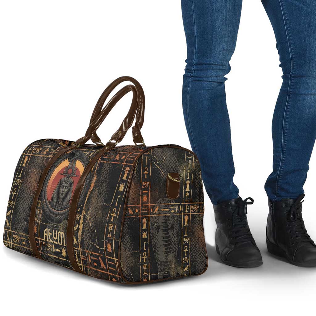Atum Ancient Egyptian Travel Bag with Dark Hieroglyph Grid, Ouroboros Serpent Ring and The Final Serpent - Wonder Print Shop