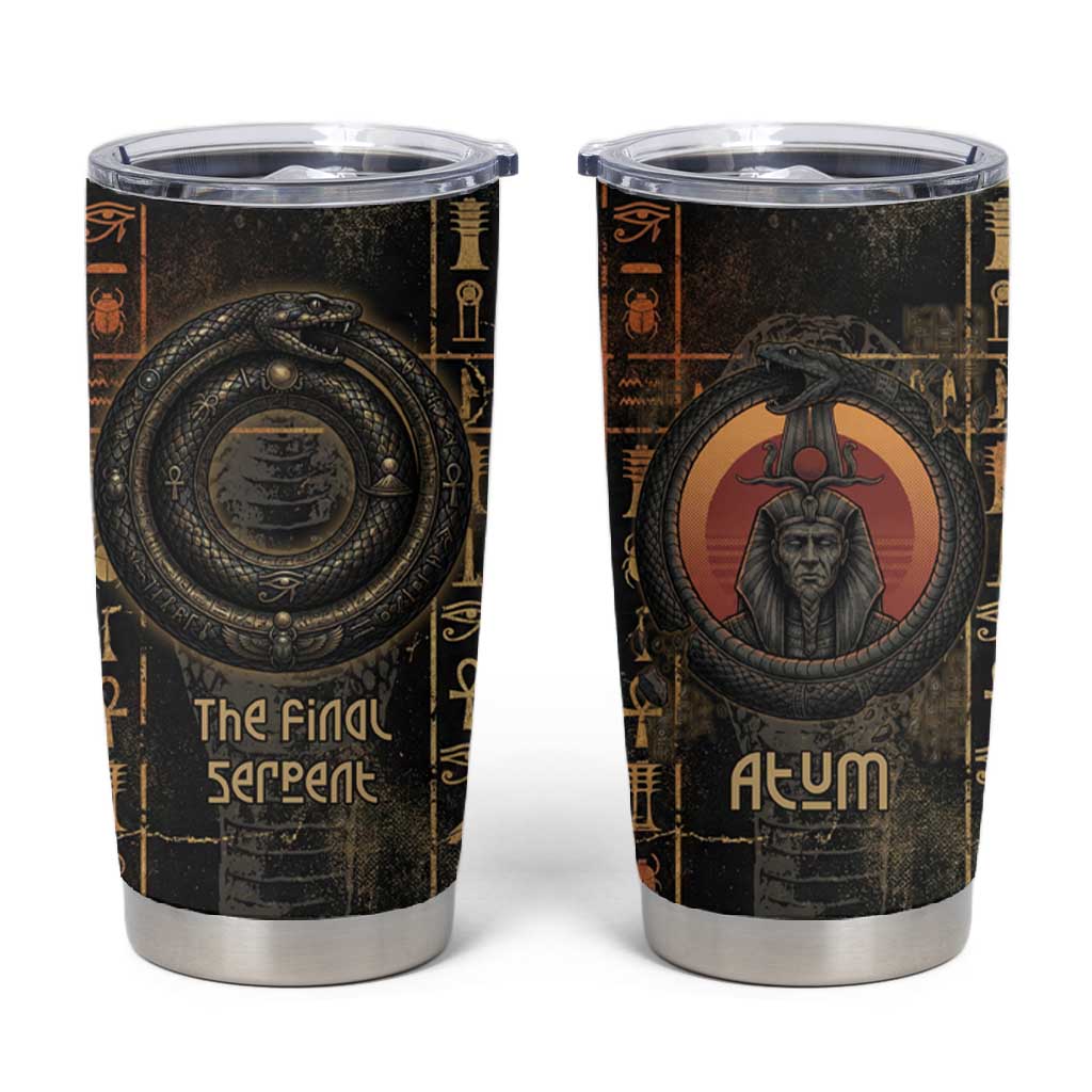 Atum Ancient Egyptian Tumbler Cup with Dark Hieroglyph Grid, Ouroboros Serpent Ring and The Final Serpent - Wonder Print Shop