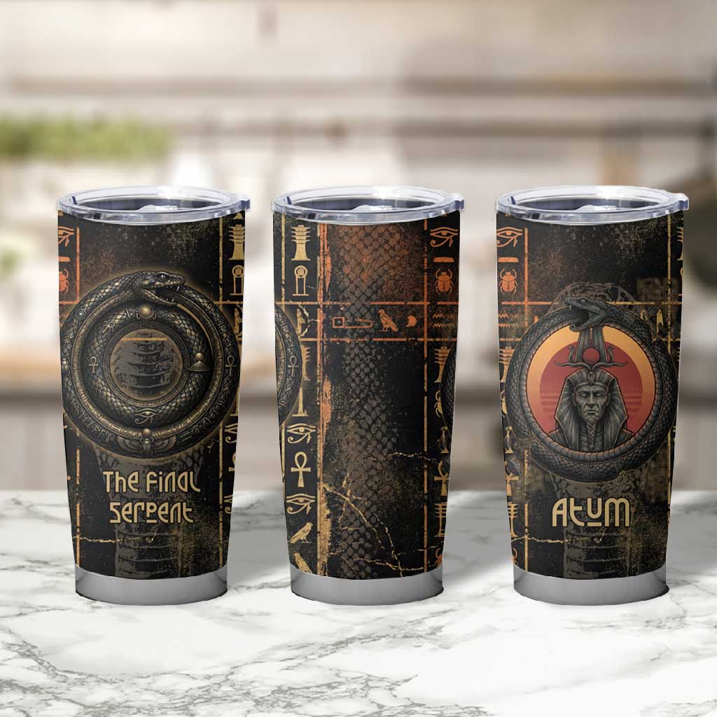 Atum Ancient Egyptian Tumbler Cup with Dark Hieroglyph Grid, Ouroboros Serpent Ring and The Final Serpent - Wonder Print Shop