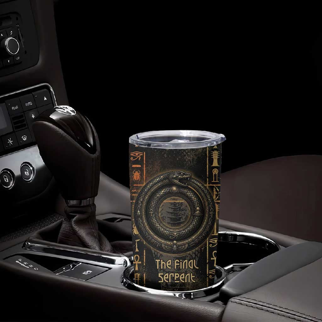 Atum Ancient Egyptian Tumbler Cup with Dark Hieroglyph Grid, Ouroboros Serpent Ring and The Final Serpent - Wonder Print Shop